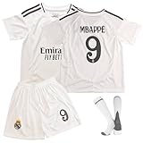 Oirigaga Fussball Trikot Kinder Set, Madrid-Heim No.9 Fußballtrikot für 10-11 Jahre Jungen, KM9 Football Jersey mit Kurzarm Shorts Socken, Atmungsaktiv Schnelltrocknend Fußball-Trainingskostüm, Weiß