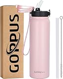 GOPPUS 1L/32oz Thermosflasche mit Strohhalm Doppelschicht Edelstahl Trinkflasche 1 Liter Isolierflasche Auslaufsicher Sport Wasserflasche Kohlensäure Water Bottle Trinkflaschen BPA-frei Wasser Flasche