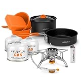 ration1 Camping Gaskocher Set - 7-teiliges Aluminium Topfset, 3 Gaskartuschen, Campingkocher, lebensmittelechte Töpfe & Schalen, Feuerzeug - Kompaktes Outdoor & Camping Kochset