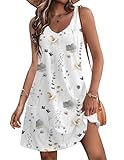 Hotouch Sommerkleid Damen V-Ausschnitt Ärmellos Blumenkleid Knielang Strandkleid Leicht Kurz Kleid mit Taschen Freizeitkleid Lässig Casual Boho Minikleid Weiß M