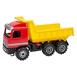 Lena 02031 - Starke Riesen Muldenkipper Mercedes Benz Actros, Kipplaster ca. 63 cm, großer Kipper mit 3 Achsen und verriegelbarer Kippmulde, robustes Baustellen Spielfahrzeug für Kinder ab 3 Jahre, Rot, Gelb, Schwarz