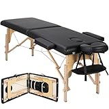 Yaheetech Massageliege Mobile Massagetisch mit Holzfüßen 2 Zonen Tragebares Massagebett inkl. Kopfstütze & Armlehnen Höhenverstellbar 60cm Breit bis 250 kg Belastbar, Schwarz