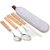 HANABASS Edelstahl Campingbesteck 4 Stück mit Holzgriff und Aufbewahrungstasche Wiederverwendbares Löffel Gabel Messer Besteck für Outdoor Picknick und Reise