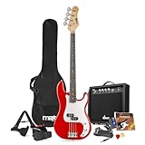 MAX GigKit Bassgitarre Set, E Bass Gitarre, Bass Guitar mit Gitarrenverstärker, Tasche, Stimmgerät, Plektren, Ständer, Gurt, Kabel und Ersatzsaiten - 21 Bünde - Rot