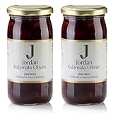 Jordan Original Schwarze Griechische Kalamata Oliven ohne Kern, 2 x 360g Glas, 200g Abtropfgewicht, Vegan, Traditionell in Salzlake und Weinessig, Natürlicher, milder Geschmack, 2er-Pack