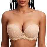 DOBREVA Damen Trägerloser Push Up BH Spitzen Tiefer Ausschnitt Bügel BHS Gepolsterter mit Abnehmbaren Trägern Beige 80B