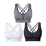 SEGRILA Damen Sport BH Set Ohne Bügel Kreuz Rücken Yoga Bustier Gepolsterter (Schwarz,Weiß,Grau M)