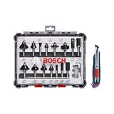 Bosch 15tlg. Fräser Set mit Cuttermesser (für Holz, Ø 8 mm Schaft, Professional Zubehör Oberfräse)