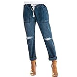 Damen-Boyfriend-Jeans, dehnbar, Kordelzug, bequem, Umstands-Denim-Jogginghose, klassisch, gewaschen, Used-Look, Destoryed-Denim-Hose, lässig, aufrollbare Papiertaschenhose, blau, L