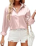 HANERDUN Damen Bluse Langarmshirt V-Ausschnitt Hemd Die Seide Elegant Lässige Oberteile Knopfleiste Arbeit Einfarbig Hemdbluse(PINK_S)