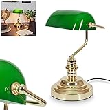 Klassische Bankerlampe, Retro Tischleuchte aus Metall in poliertem Messing, Leuchtenschirm aus Glas in Grün, E27-Fassung, Tischleuchte für Büro u. Schreibtisch, ohne Leuchtmittel