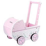 WOOMAX Holz, 26,5 x 39 x 46 cm, weiß, mit Rollen, für Puppen von 30 – 40, Babyspielzeug 3 Jahre, Puppenwagen (46475), Rosa Warenkorb