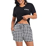 Xuepelit Schlafanzug Damen Kurz Pyjama Damen Sommer Zweiteiler Damen Baumwolle Set Schlafshirt Damen Kurzarm Shorty, Black XL