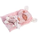 Llorens 73860 Puppe Nica, mit blauen Augen und Vinyl-Körper, Babypuppe inkl. rosa Outfit, Schmusedecke, Schnuller, Schnullerkette und weichem Kissen, 42cm