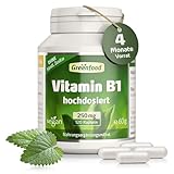 Vitamin B1, hochdosiert, 250mg - 120 Kapseln, vegan. Vitamin B 1 (Thiamin) - wichtig für Nervensystem und Energie. OHNE künstliche Zusätze - laborgeprüft. Von Greenfood.