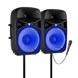 VONYX VPS102A - PA Lautsprecher Aktiv Set, Party Box Bluetooth mit Stativ, 2x Kabelloses Mikrofon, PA Anlage Komplettset, 10 Zoll, Party LEDs, USB, MP3, DJ Boxen, DJ Set Komplett, Partybox 600 Watt