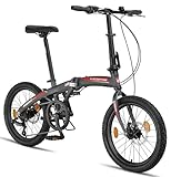 Licorne Bike Phoenix 2D Cross 20 Zoll Aluminium Faltrad Klapprad Scheibenbremse Discbremse Faltfahrrad Herren Damen 7 Gang Kettenschaltung Folding City Bike Alu-Rahmen (Spoke Wheels, Anthrazit/Rot)