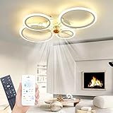 Deckenleuchte mit Ventilator, leise, weiß, Deckenventilator mit Beleuchtung, App und Fernbedienung; 60 W, 6000 lm, dimmbar, LED, für Wohn-, Schlaf- und Esszimmer, 6-Gang, Timer