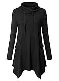 Amrto Damen Bluse Turtleneck Asymmetrische Saum Langarm Tops Lange Hemd Pullover Tunika mit Taschen, XL, -schwarz