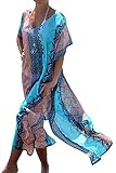 MERCIY Boho Damen Strandponcho Sommer Kleid Überwurf Kaftan Strandkleid Bikini Tunika Cover Up (Blau)