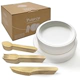 Pulprop 250 Stück Umweltfreundlich Biologisch Abbaubare Geschirr Set, Einweggeschirr Set, Natürliches Einweg Bagasse Teller-Set, Pappteller Messer Löffel Gabeln für Camping Grill BBQ Party 50 Personen