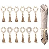 Hodeffior 12 Stück Serviettenringe aus natürlichen Holzperlen mit Quasten, Serviettenhalter für Weihnachten, Bauernhaus, Hochzeit, Zuhause, Tischdekoration, Serviettenringe-Set