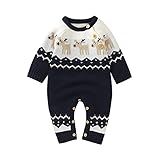 Verve Jelly Weihnachtsoutfit für Neugeborene, Babys, Mädchen, Jungen, langärmelig, Strick-Strampler, Overall, Rentier-Druck, Body, Einteiler, Pyjama, Weihnachtskleidung, Blau 1, 6-12 Months