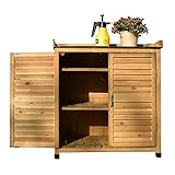 Metallplatte Holz Pflanzbank mit Aufbewahrungsschrank und Haken, wetterfester Garten-Arbeitstisch für Innenhof, Balkon und Eingang