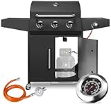 Gasgrill 3+1 Edelstahl Brenner,13,5 kw Gas Grillwagen BBQ mit Seitenkochfeld,Gasgriller mit Thermometer,Bremse Rollen,Standgrill DE I3B/P(50) Gasdruckregler,Grillküche Camping Garten(Butan/Propan)