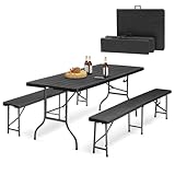 Sekey Bierzeltgarnitur Klappbar Campingtisch Set, 2 x Bierbänke & 1 x Biertisch, 180cm Biertischgarnitur 3-teilig Gartenmöbel Set Holzmaserung, Schwarz