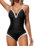 Smismivo Bauchweg-Badeanzüge für Damen, schlankmachend, einteilig, V-Ausschnitt, Push-Up-Bademode, Sommer-Badeanzug 2025, Schwarz Weiß, Medium