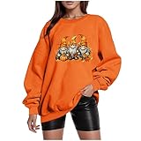 JISDFKFL Winter-Herbst-Outfit 2023, festliche Damen-Kleidung, orangefarbener Pullover, langärmelig, Baggy-Sweatshirt, Thanksgiving-Druck, herunterfallende Schultern, Pullover, Rundhalsausschnitt,