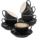 6er Cappuccino Tassen Set mit Untertassen - Keramik Schwarz - Spülmaschinenfest - Hält Lange warm - 180ml