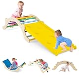 COSTWAY Kletterbogen mit Kissen, Kletterdreieck mit Rutsche Holz, 3 in 1 Klettergerüst Indoor zum Rutschen, Klettern und Wippen, inkl. umkehrbare Rampe & Kissen, für Kinder ab 1 Jahr (Bunt)