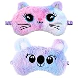 Schlafmaske für Kinder 2er Pack Weiche Augenbinde für Plüsch Schlafaugenabdeckung Süßer Tier Schlafaugenschutz für Mädchen Jungen Reisen Nickerchen Partyzubehör(Lila Bunt, Katzen-Koala-Stil)