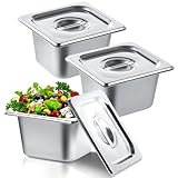 Varku 3 Stück Hotelpfannen aus Edelstahl, 1/6 Größe 10 cm tiefe Pfannen mit Deckel, Catering-Pfannen mit Abdeckung, Dampftischpfannen, stapelbare Frischhaltebehälter, Metall-Dampfpfannen für Buffet