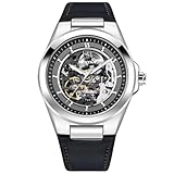 DAOLVEN BY5207 Herren Skelett Automatikuhren Mode Sport Selbstaufzug Armbanduhr Lederband 50M Wasserdicht Hohl Mechanische Armbanduhr, Schwarz