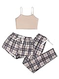 GORGLITTER Damen Schlafanzug 3er Set Cami Schlafanzug Plaid Pajamas Set Nachtwäsche Schlafhose Kariert Schlafanzüge Hausanzug Beige und Schwarz S