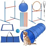 Hebitod Agility Set Hunde, 5-teiliges Set Agility-Ausrüstung für Hunde, Slalom, Agility Hürde, Sprungring & Hundetunnel, 8 Slalomstangen, Ball, Pfeife, Tragetasche, Hundeparcour, Hundesport