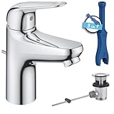 GROHE Swift, Waschtischarmatur, wassersparend (Wasserhahn für das Bad, Badarmatur mit Zugstangen-Ablauf, 16cm hoch, mit 3in1 Werkzeug, einfache Installation am Waschbecken), chrom, 24316001