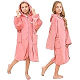 Hiturbo Kinder-Bademantel mit Kapuze: Wickel-Reißverschluss, Bademantel, Poncho, Frottee, für Schwimmen, Strand, Surfen, Zuhause, rose, 7-14 Jahre