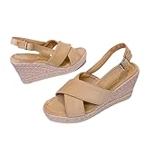 Keilsandalen Für Damen, Bequeme Plateau-Sandalen Mit Überkreuzten Riemchen Und Verstellbarer Schnalle Offener Zehenpartie, Atmungsaktive Rutschfeste Römerschuhe, Wie Jeans Und(Apricot,39 EU)