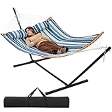 Yaheetech Hängematte mit Gestell & Kissen, XXL Doppelhängematte mit Ständer bis 216 KG Belastbar für 2-3 Personen, Höhenverstellbarer Hammock für Outdoor & Indoor, Blauer Streifen