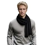 LA FERANI Herren Kaschmir Schal Frühling Winter 185x65 Kaschmirschal Schwarz Pashmina Halstuch Wollschal Wolle Uni Farbe Herrenschal S2 (Schwarz)