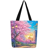 Loussiesd Kirschblüten Leinwand Einkaufstasche Japanische Kirschblüten Blühend Stofftasche Japanischer Stil Rosa Stoffbeutel Cartoon Blumen Einkaufsbeutel für Erwachsene Frauen Männer Tragetasche