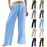 akwuiopt Hose mit weitem Bein für Damen, Baumwoll-Leinen-Hose, Kordelzug, elastisch, hohe Taille, gerades Bein, einfarbig, Knopf, Sommerhose, bequeme Freizeithose mit Taschen, bronze, XL