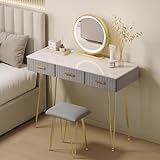 WOLTU Schminktisch mit Beleuchtung und Hocker, Frisiertisch mit Spiegel, 3 Schubladen aus Massivholz, Große Hochglanz Tischplatte 100x40cm, Modern Kosmetiktisch aus Samt Metall, Grau Weiß, MB6108gr