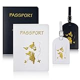 KUIZHEN Reisepasshülle, 4 Stücke Passport Holder und Kofferanhänger Set, PU Leather Gepäckanhänger Passport Cover für Kreditkarten Ausweis und Reisedokumente Schwarz Weiß