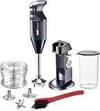 bamix Stabmixer Set M200 Chef's favorite inkl. Ständer, 1 Becher, 3 Aufsteckteile, Hacker, Reinigungsbürste, 200 Watt, Made in Switzerland, Schwarz/Chrom