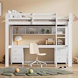 Kinderbett, Etagenbett 90x200cm mit Integrierter Schreibtisch und Ablagefach, Hochbett mit Vier Schublade und Rausfallschutz, Bettrahmen und Lattenrost aus Stabiler Massivholz, Ohne Matratze, Weiß